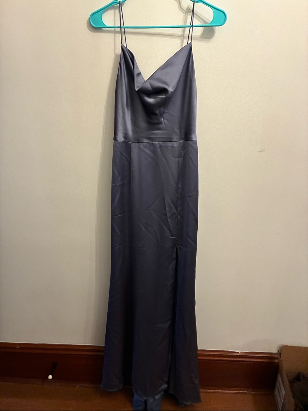 Amsale Slate Blue Satin Cowl Neck Maxi Dress